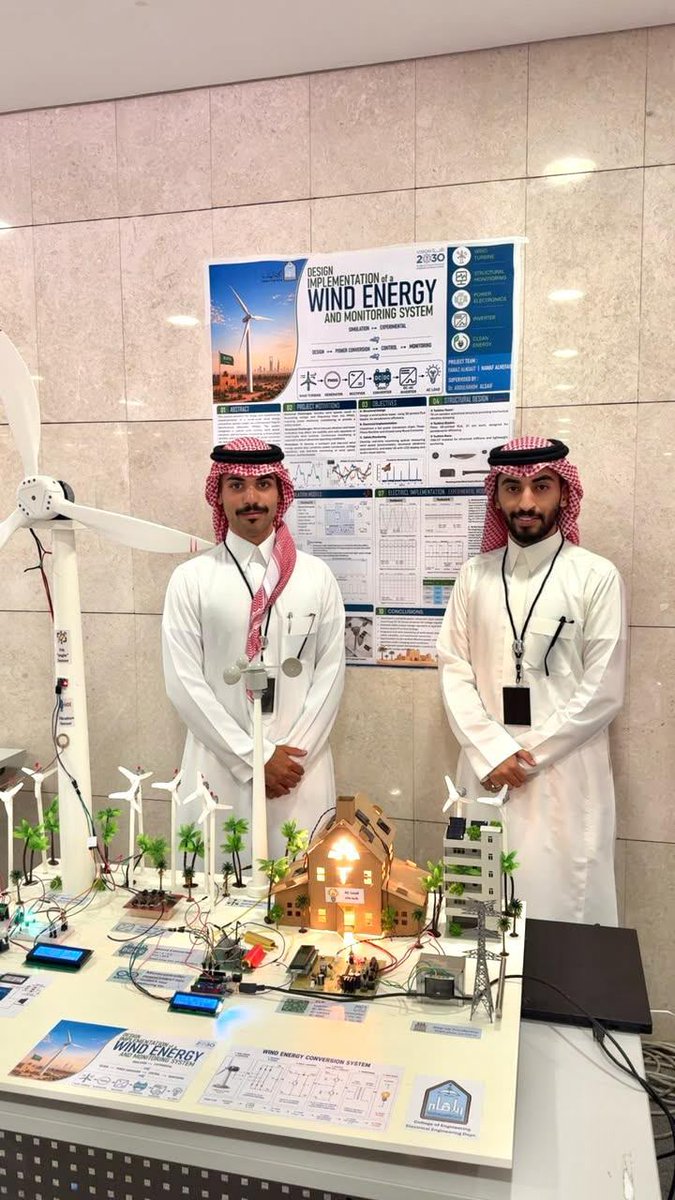 IMSIU_ENG's tweet photo. ضمن فعاليات معرض مهندس، حقق مشروع
Design & Implementation of a Wind Energy and Monitoring System
 المركز الأول في مسار الهندسة الكهربائية

نبارك للطالبين نواف النفيعي و فواز الكعيط هذا الإنجاز المتميز، والذي جاء ثمرةً لجهودهما في تصميم وتنفيذ نظام متكامل لتحويل طاقة الرياح وأنظمة المراقبة والتحكم.

كما نتقدم بالشكر والتقدير لمشرف المشروع د. عبدالحكيم السيف على دعمه وإشرافه الأكاديمي.

ألف مبروك هذا التميز، مع تمنياتنا بمزيد من النجاح والإنجازات.

#معرض_مهندس #كلية_الهندسة #الهندسة_الكهربائية #مشاريع_التخرج #الطاقة_المتجددة