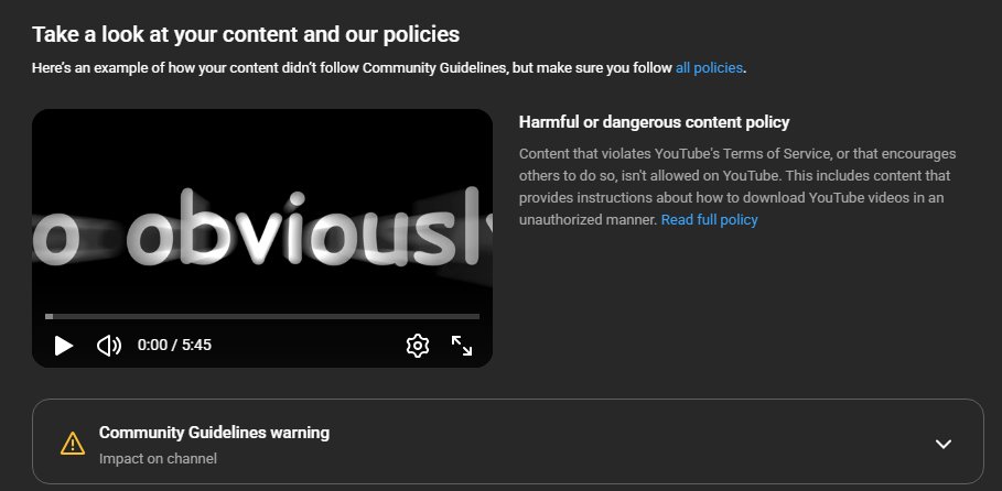 cyphspsd's tweet photo. Hey @TeamYouTube @YouTube @YouTubeCreators 

Videos where I've joked about awful topics that have done horribly are still up, yet a tame I do that does genuinely well gets taken down for "harmful content". Because of a 5-second clip of me downloading an mp3? 
How is that harmful? https://t.co/PeIFAZPsEe