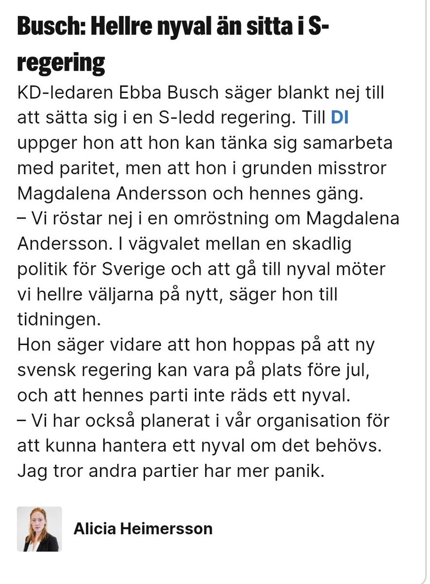 NastaGeneration's tweet photo. Vill heller inte ha @BuschEbba i en sådan regering jag vill inte ha henne i någon regering. Önskar KD fick mindre än 4%... 3,9% skulle vara en önskedröm för det innebär ut ur Riksdagen med 0,1% vilket skulle säga att hennes politik inte håller och absolut inte rätt för Sverige. https://t.co/wom9kxmYF3