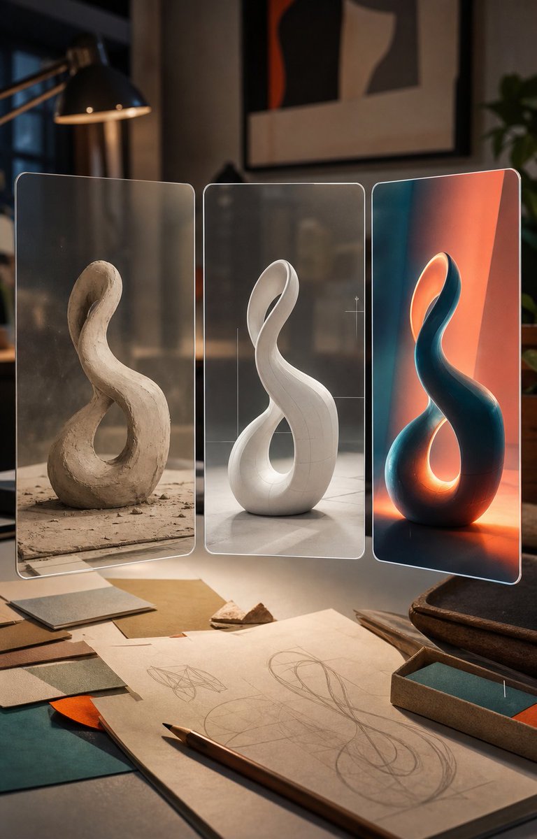 aiseaimagine's tweet photo. AI image prompt remix: a tactile model-lab desk where one idea evolves from clay maquette -> structured product render -> luminous editorial poster.

Model: Seedream 5.0
#SeaImagine #Seedream5 #AIArt https://t.co/EOKV4FUxIM