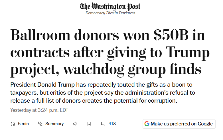 JesseFFerguson's tweet photo. 🚨🚨"More than half of the publicly identified donors to President Donald Trump’s White House ballroom project have won new or expanded federal contracts worth more than $50 billion during the past six months, according to a report released Thursday by a gov't watchdog group" https://t.co/C7v3Ehm7YC