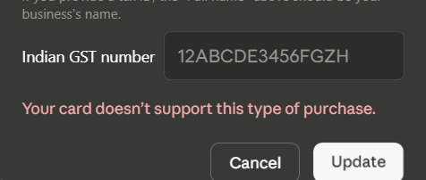 Arpit0717's tweet photo. Trying to subscribe to @claudeai but getting a "Your Card doesn't support this purchase" error. I've enabled international payments on the bob World app and verified everything at my @bankofbaroda  branch. Why is this still failing? need instant help @RBI https://t.co/ouHplEWcpy