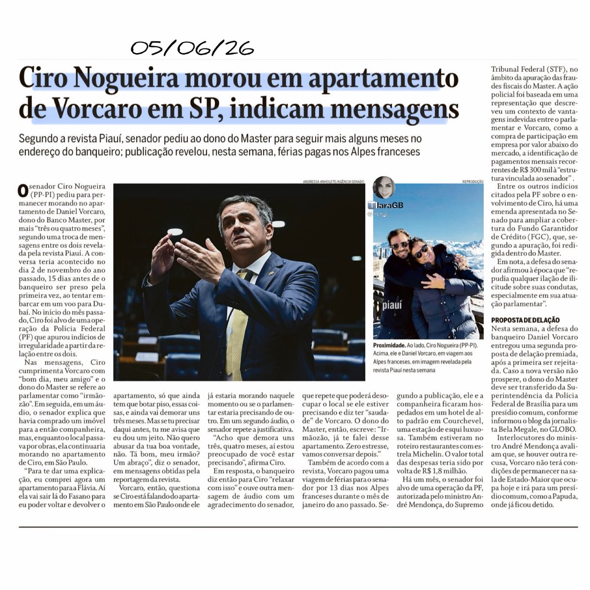 iaragb's tweet photo. Amigos para sempre‼️🎶

A matéria revela que Ciro Nogueira usou um apartamento de Daniel Vorcaro em São Paulo, algo que aparece em mensagens trocadas entre os dois. Essas conversas também mostram proximidade pessoal, incluindo viagens juntos,
como férias nos Alpes franceses, e tratativas que agora interessam à Polícia Federal, já que Vorcaro está no centro de investigações. 

O texto sugere que a relação entre eles é mais profunda do que ambos admitem publicamente e que esse vínculo pode complicar a situação de Ciro no avanço das apurações.