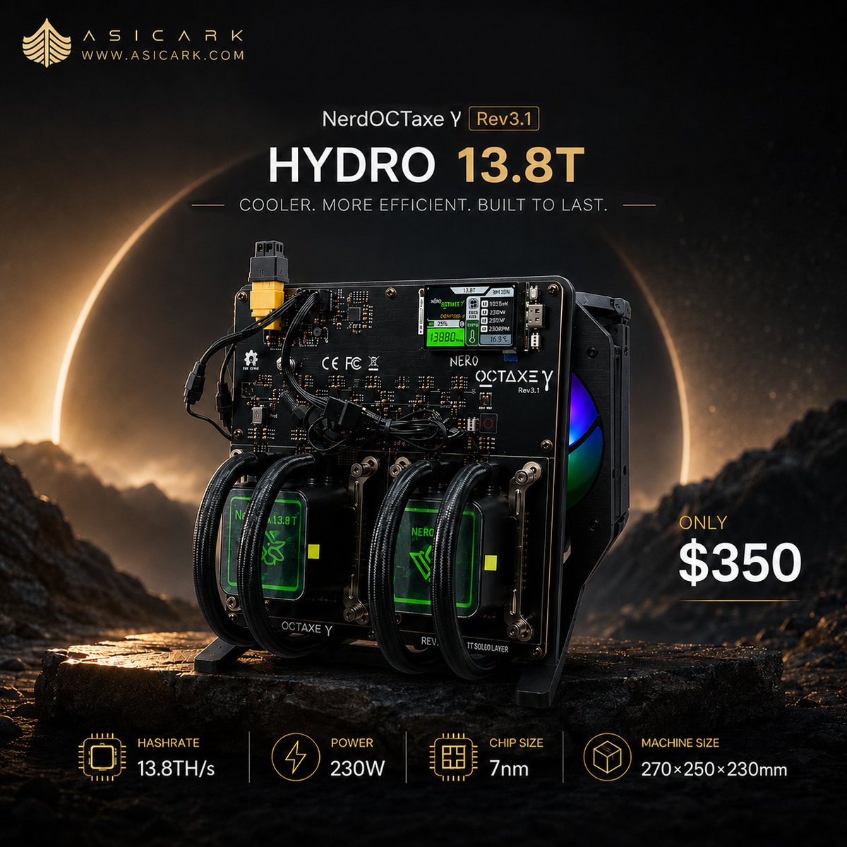 asic_ark's tweet photo. NerdOCTaxe γ Rev 3.1 Hydro 13.8T — Unleash the Full Unleash 13.8TH/s
NerdOCTaxe Rev3.1 Hydro 13.8T
More Cooling. Less Power. More Uptime.
13.8TH/s
230W Only
Hydro Cooling
Plug &amp; Mine
$350 · In Stock
Mine More. Worry Less. 🚀
#NerdOCTaxe #AsicArk #CryptoMining #SoloMining https://t.co/nuqrLdP93u