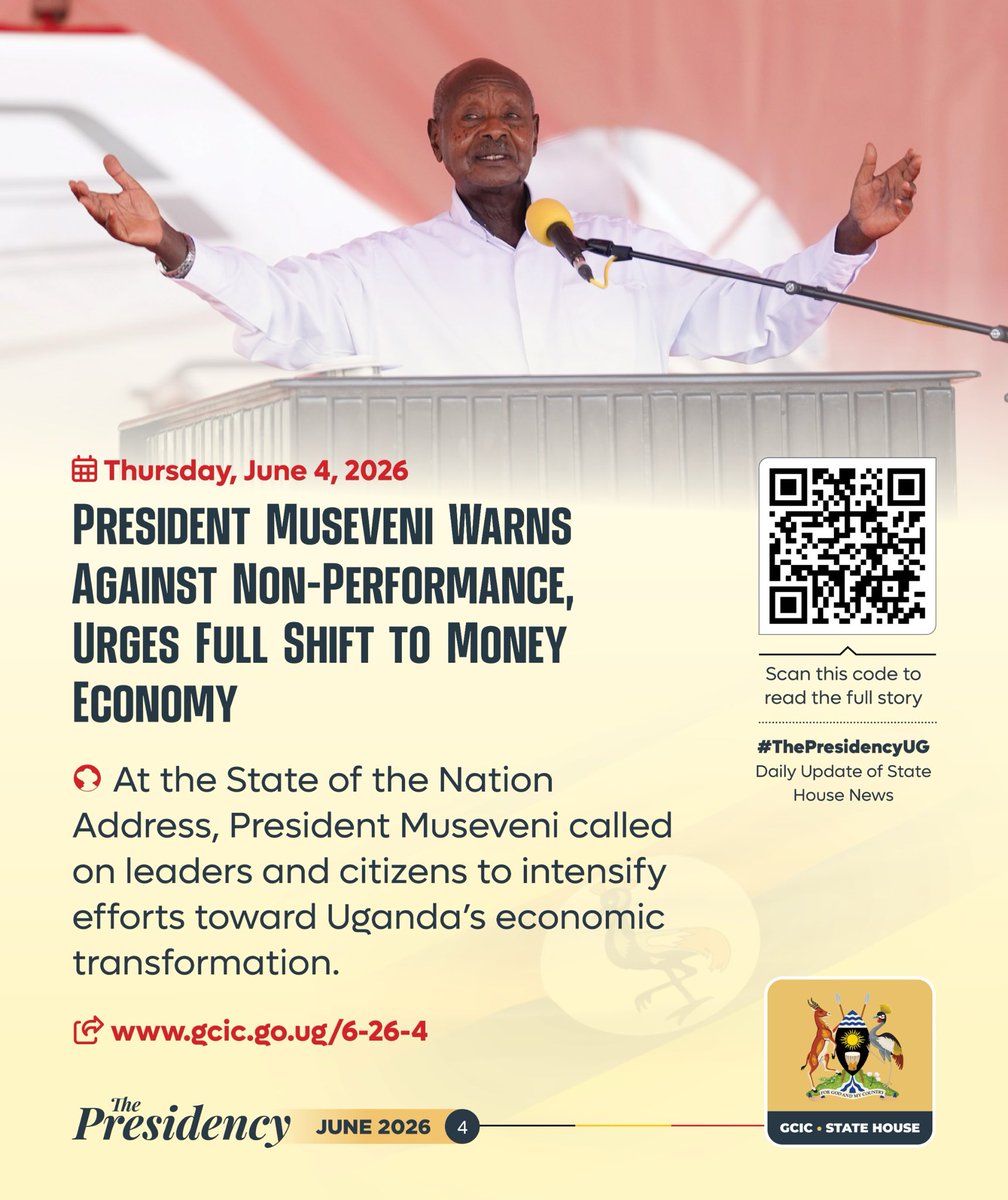 GCICUganda's tweet photo. President @KagutaMuseveni used the State of the Nation Address 2026 to issue a strong call to leaders and citizens to intensify efforts in Uganda’s economic transformation. He warned against non-performance, corruption & diversion from productive work. #ThePresidencyUg #OpenGovUg #SONA2026 

Read here: https://t.co/TD2Dy0k9gH