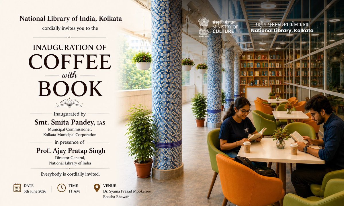 NationalLib_GoI's tweet photo. Coffee with Book — where the aroma of coffee meets the joy of reading. ☕📚

A thoughtfully curated space at the National Library of India, inviting readers to relax, reflect and rediscover the pleasure of books over a cup of coffee.
#CoffeeWithBook #NationalLibraryIndia https://t.co/12yAYOWclH