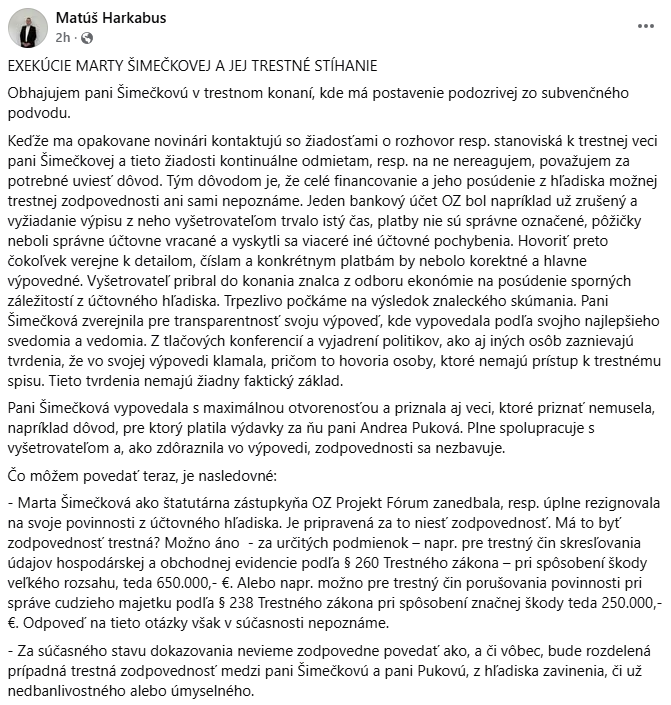 luciahudackova's tweet photo. Obhajca Marty Simeckovej, pan Harkabus, sa vynimocne ozval k priebehu vysetrovania. Zaujimave citanie. https://t.co/YKolvnmiY9