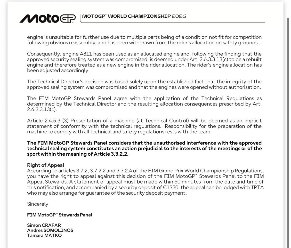 germax33's tweet photo. Actualizamos: tras una inspección técnica rutinaria en Italia a uno de los motores de la moto de Adrian Fernández del Leopard Racing, se ha detectado que había sido desprecintado y manipulado, por lo que queda descalificado de todas las carreras de #Moto3 excepto la de Mugello https://t.co/fGmDQgzBkZ