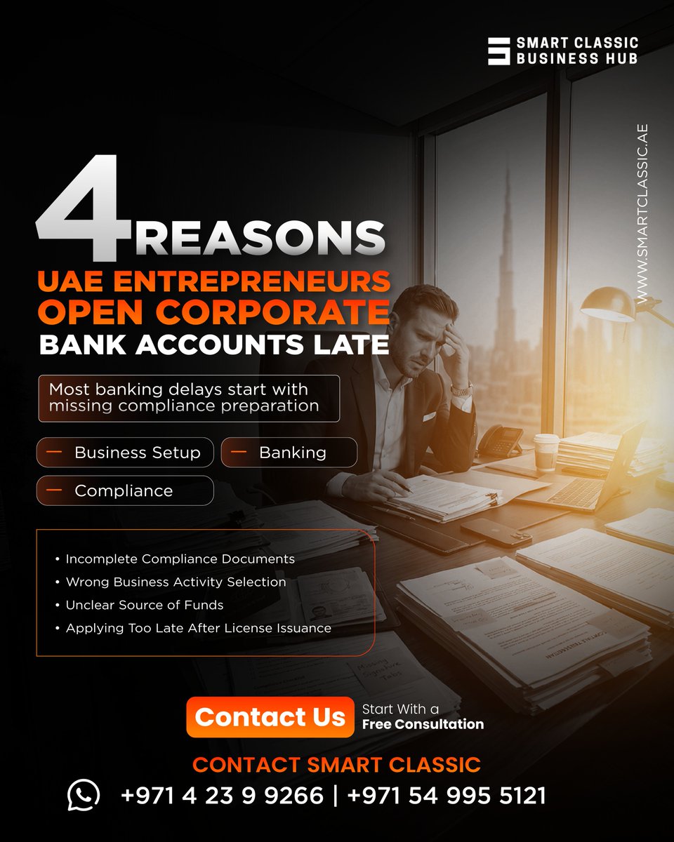smartchub's tweet photo. Got your UAE license but still waiting for a corporate bank account?

Most delays are caused by missing compliance prep, wrong business activity selection, and unclear documentation.

Smart setup decisions save months of frustration.

#dubaibusiness #corporatebanking #uaebusiness https://t.co/lOiZGCv2iE