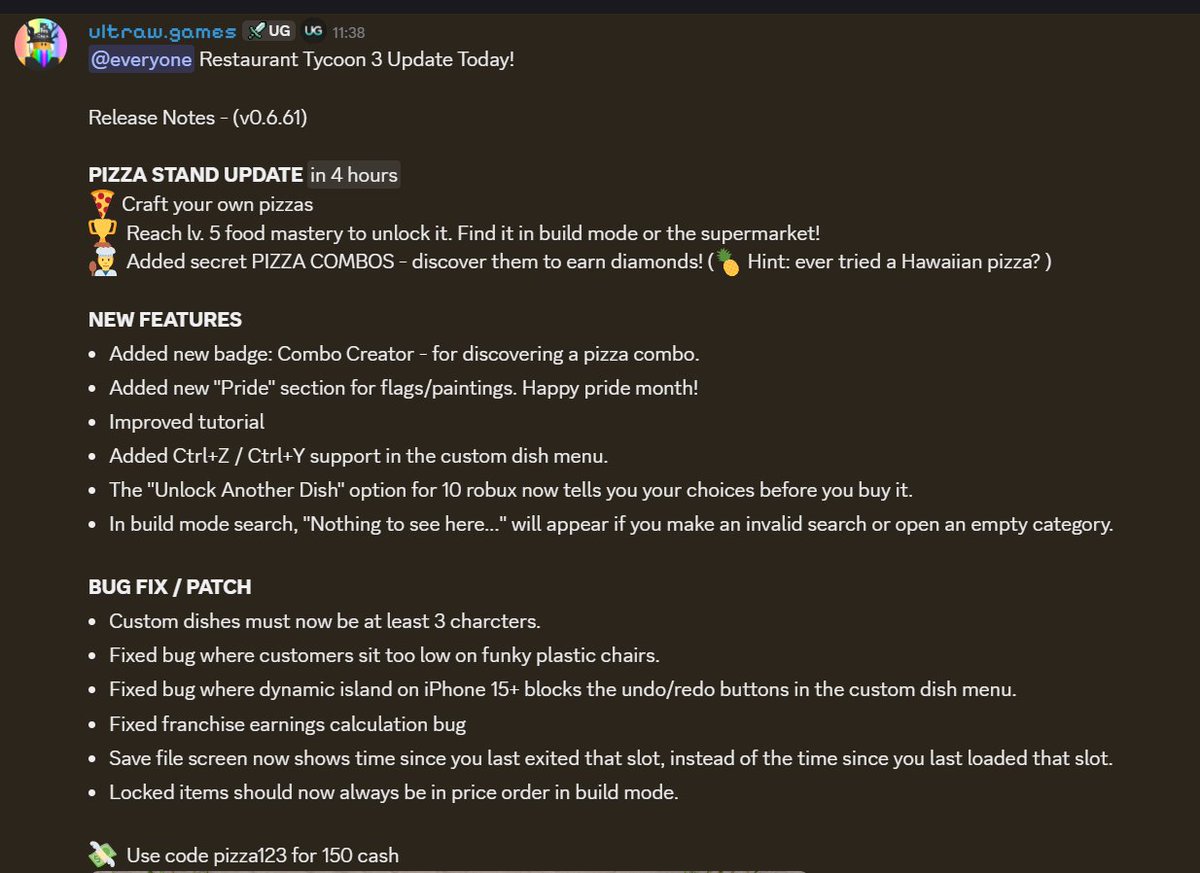 UltrawRBX's tweet photo. Restaurant Tycoon 3 Update Today
🍕New Pizza Stand!
🧑‍🍳Secret Pizza Combos!
🌈Pride Flags!
➕Much more!

Join our discord for codes 👉https://t.co/2uDFmIGyFR

#restauranttycoon3 #roblox https://t.co/15YwGqNpHh