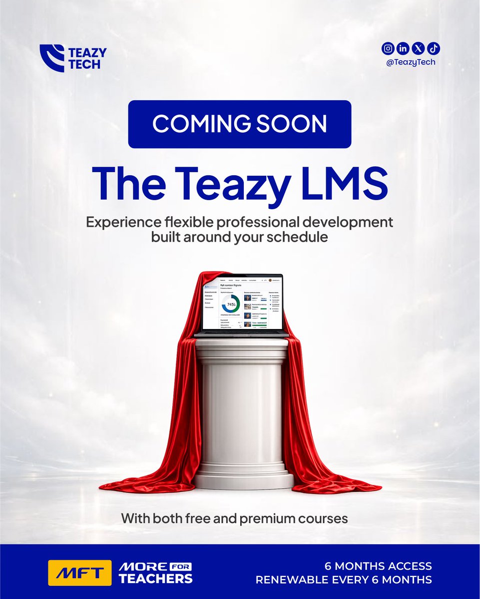 Teazy_Tech's tweet photo. The future of teacher development is almost here. π
Imagine being able to learn whenever it works for you, revisit lessons, grow professionally, and earn certifications immediately
The Teazy LMS is launching soon, and it's designed with YOU in mind.
#EduTech #ModernEducation https://t.co/nvCexbxsPo