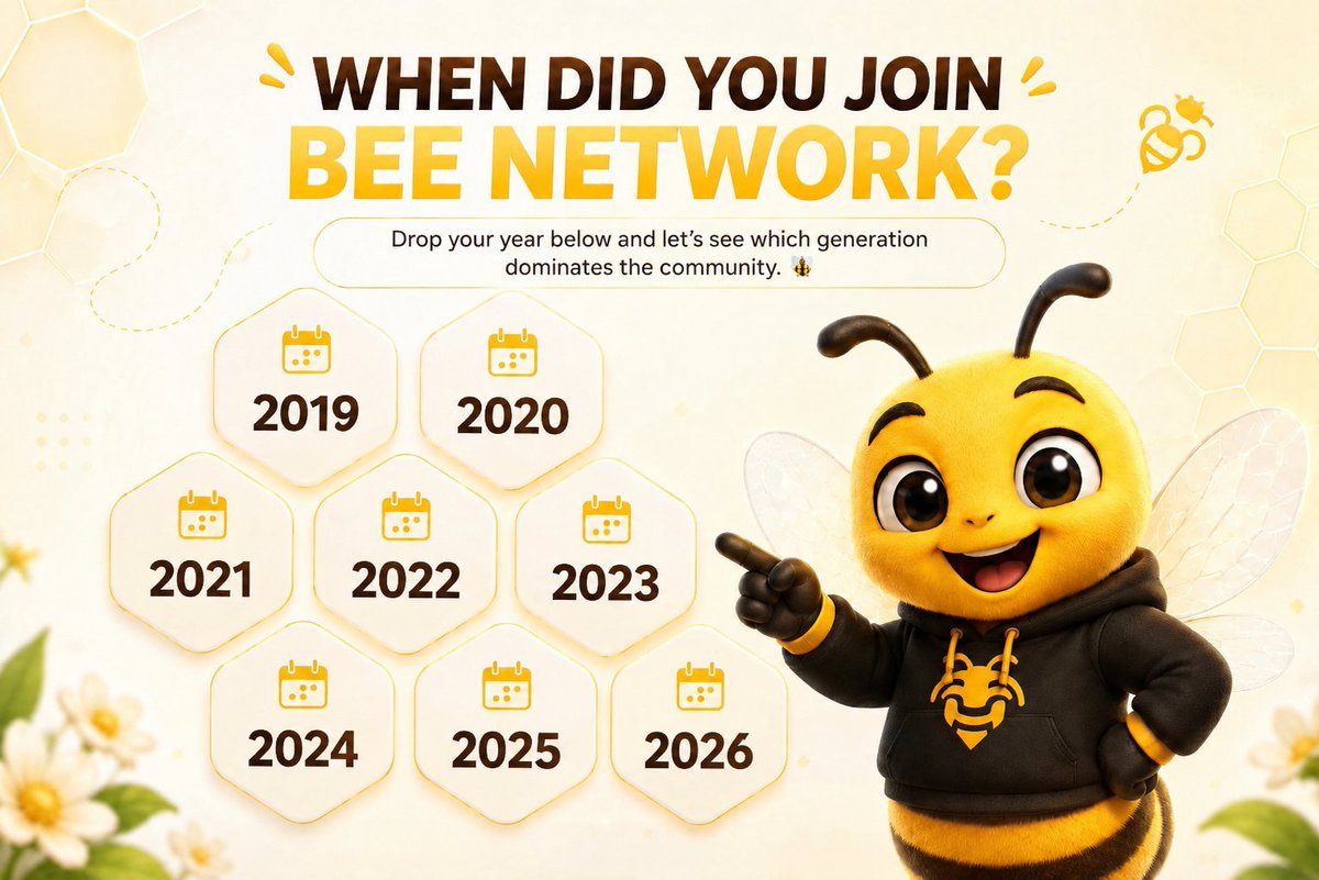 bee_future99's tweet photo. Bee Network 🐝
When did you join the hive? 👀
From 2019 to 2026, every Bee has a story. Drop your join year in the comments and let's see which generation dominates the community! 💛🔥
👇 Comment your year below: 
#BeeNetwork #BeeFam #CryptoCommunity #Web3 #BeeNetworkGlobal 🐝🚀 https://t.co/DLQQ0PUMdZ