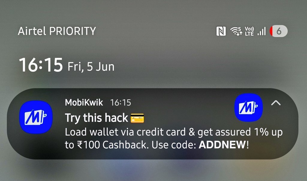 bigulchugh's tweet photo. Mobikwik sends a notification saying Try this hack

I thought let's give it a try and turns out they are doing intention farming😅

How not to run campaign @MobiKwik https://t.co/k9izUT38K4