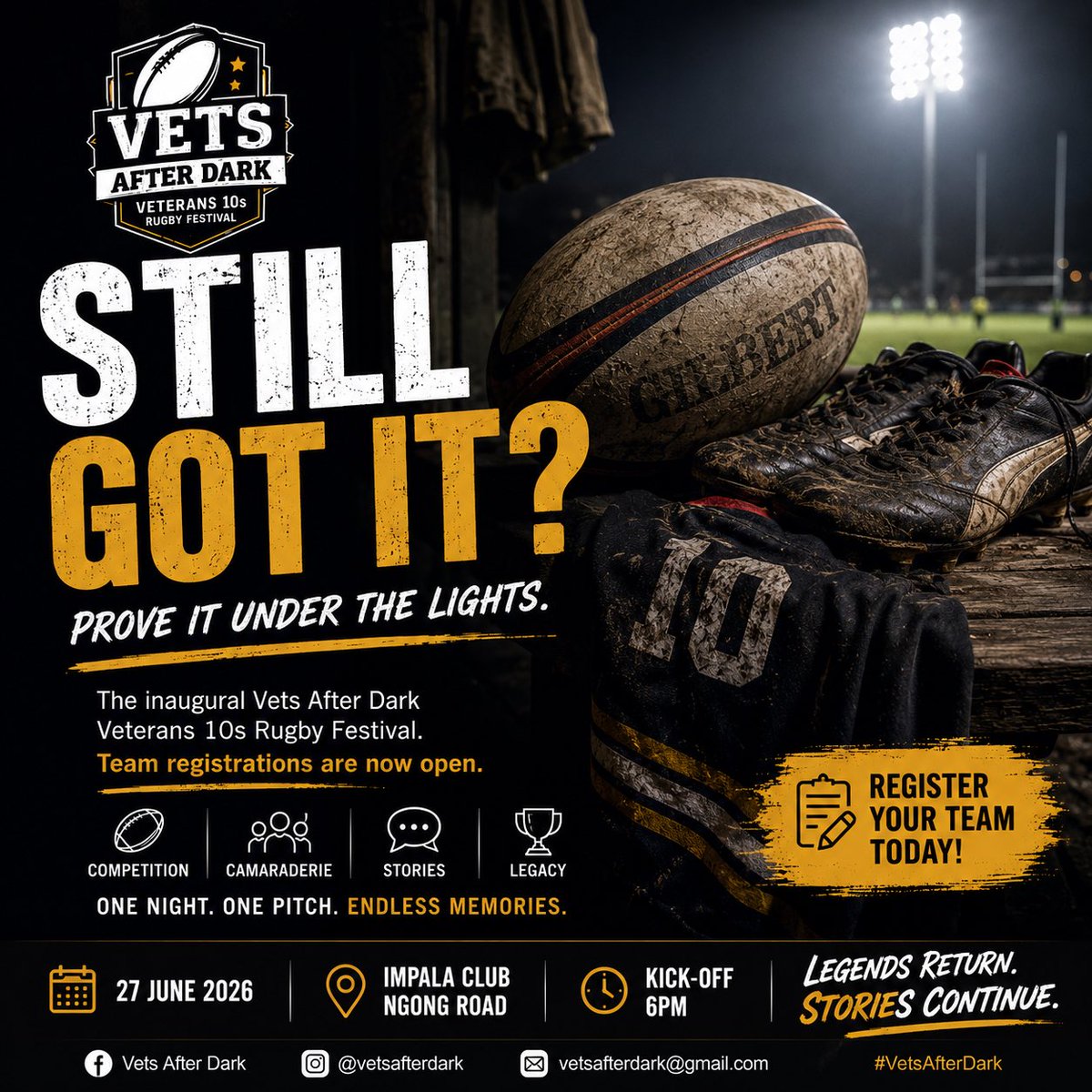 VetsAfterDark's tweet photo. The lights are coming on 🏉✨

Still got it?

The inaugural Vets After Dark is calling.

Gather the old squad, lace up the boots and prove it under the lights.

Team registrations are now open.

📍 Impala Club
📅 27 June 2026
⏰ Kick-off 6PM
#RugbyKE https://t.co/ce11U2ILhD