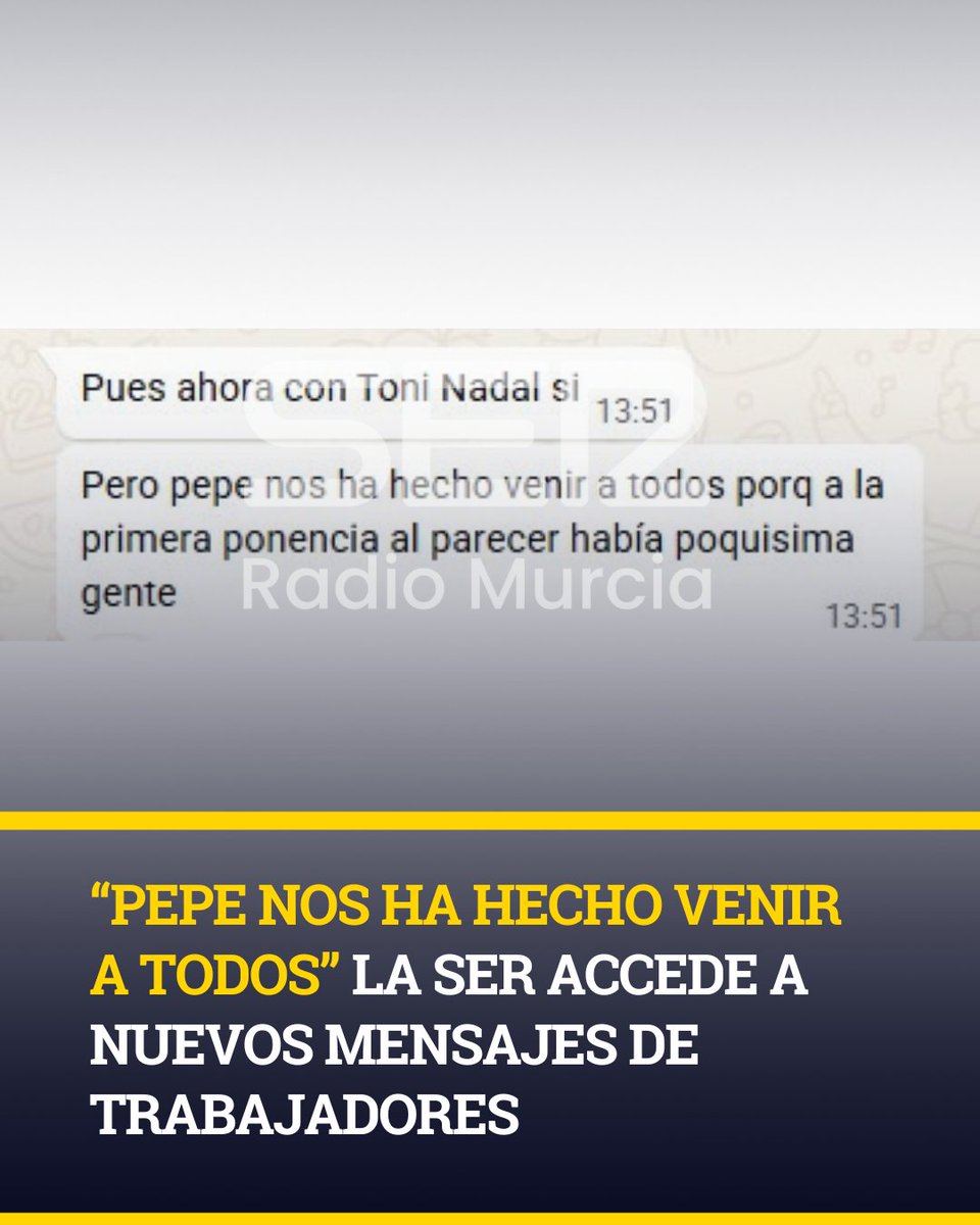 SER_Murcia's tweet photo. 🔴 #ÚLTIMAHORA | "Pepe nos ha hecho venir porque había poca gente a primera hora"

👉 Nuevos mensajes de trabajadores muestran que no fueron de manera voluntaria a la jornada donde participaba el concejal, Pepe Guillén

Noticia completa: https://t.co/gzTiI93XwF https://t.co/LHo4E9NqZU