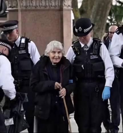 OperaSocialist's tweet photo. There is two tier policing in the UK. 

An 83 year old priest silently holding a Palestine Action sign gets arrested but racist rioters giving Nazi salutes and violently attacking the police in Southampton are not. https://t.co/74EyX71aO4