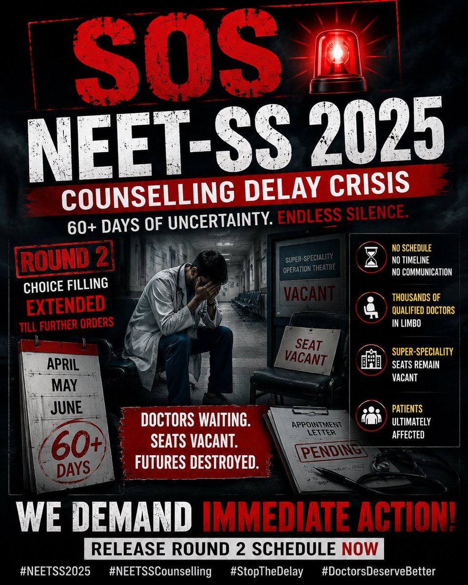GauravGautty's tweet photo. 🚨 SOS NEET-SS 🚨

60+ days. No Round 2 schedule.

Qualified super-specialists waiting.
Seats lying vacant.
Careers in limbo.
Patients ultimately affected

How much longer? #NEETSS #NEETSSDelay  @JPNadda @PMOIndia @MoHFW_INDIA @NbeIndia @FAIMA_INDIA_ @FordaIndia @IMAIndiaOrg https://t.co/lYyuegrN4W