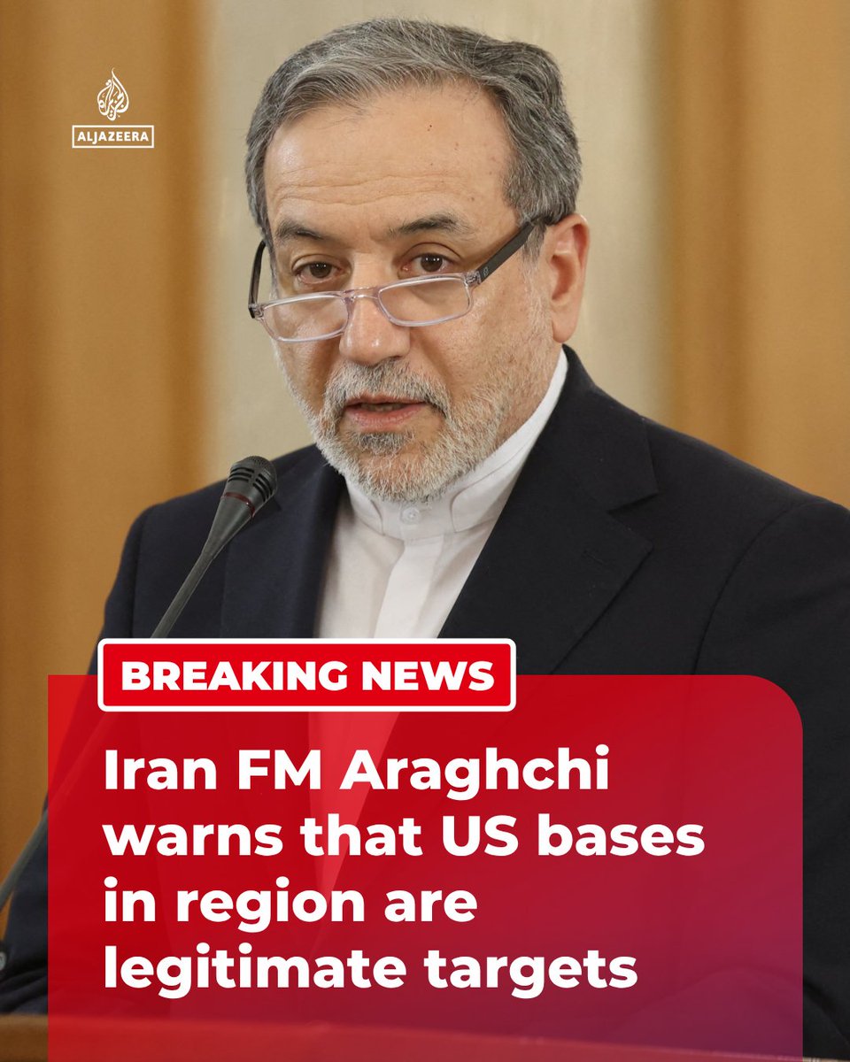 AJEnglish's tweet photo. BREAKING: Iran’s FM Abbas Araghchi says “standing against the world’s greatest power... for 40 days is no joke,” and has warned that US bases in the region that are “used for any aggression against Iran are legitimate targets.”

🔴 LIVE updates: https://t.co/eBk49O8Yds https://t.co/ug7YnsDmfw
