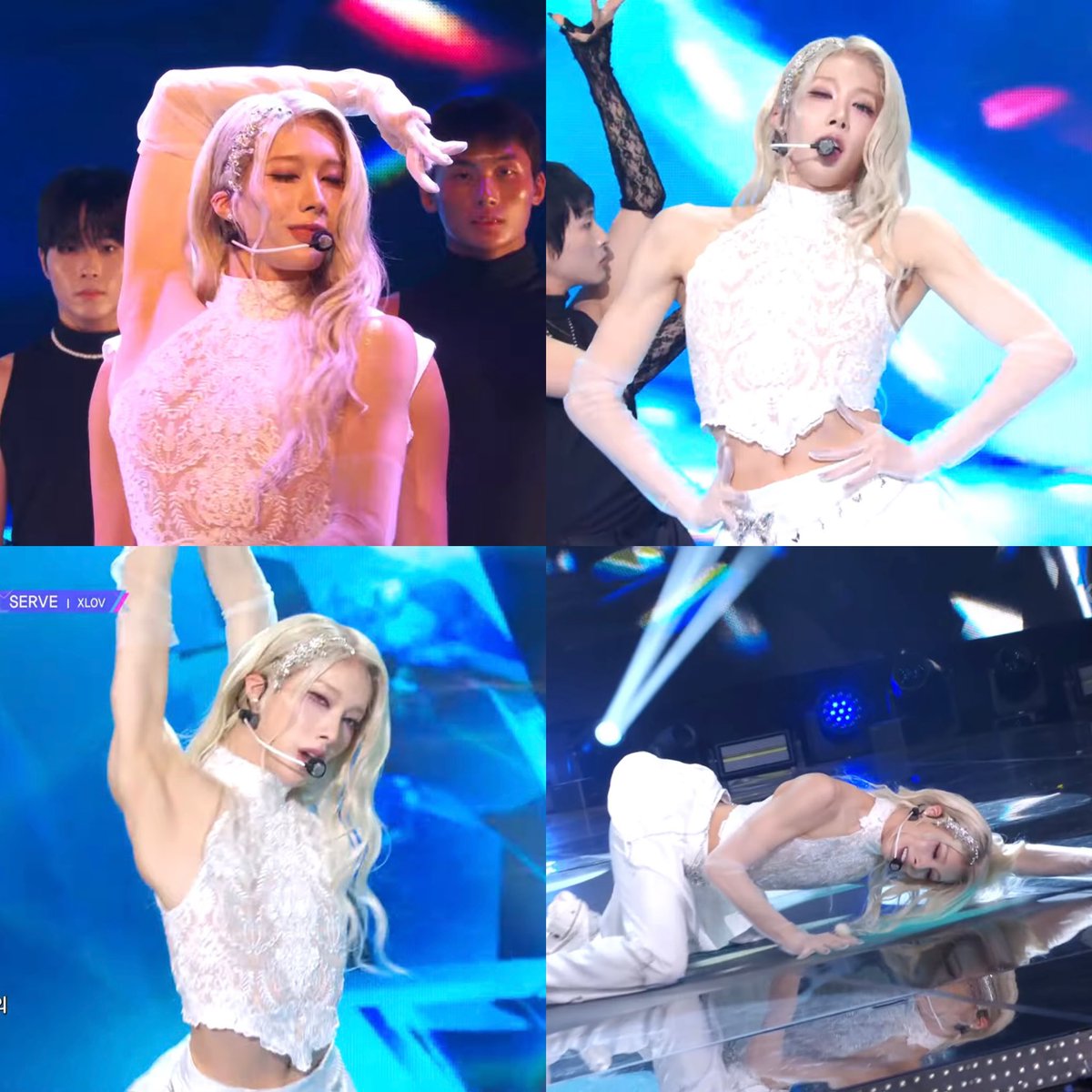 kfcrui's tweet photo. rui lace halter crop top, long platinum blonde hair, a hair vine, long sheer gloves, and a skirt with a butterfly on it. feel faint.  no one has ever looked more princess. https://t.co/NNKMr410On