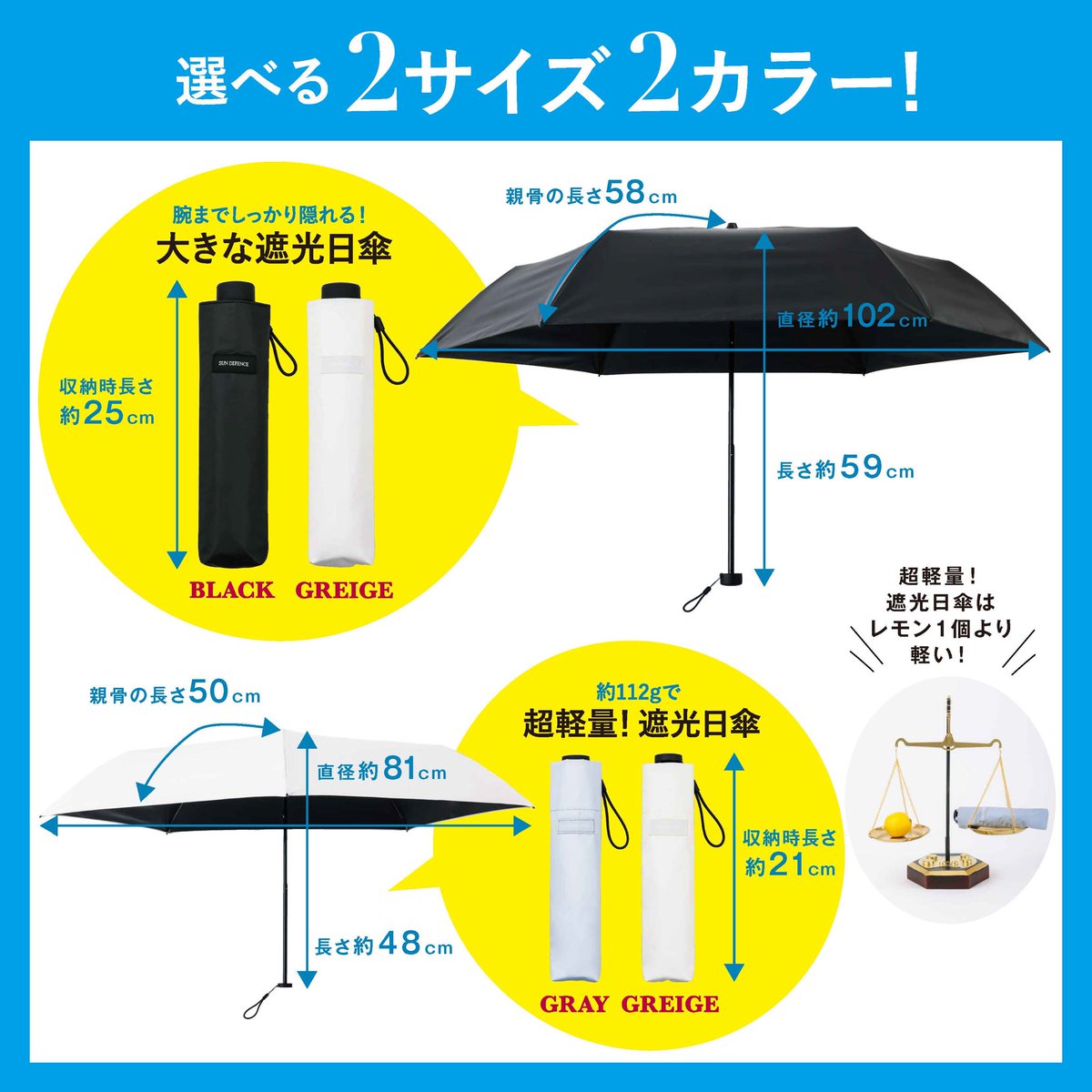 brandbook_tkj's tweet photo. ＼☀️猛暑対策にオススメ！☀️／
SUN DEFENCEから
真夏の強い日差しと熱をブロックしてくれる
遮光日傘が登場！

今回は、腕までしっかり隠れる大きな日傘と
レモン約1個分の重さの超軽量日傘の2種！

どちらの傘も
・紫外線遮蔽率100％生地使用(※1・2)＆
　UPF50＋(※1・2)で
　紫外線をしっかりブロック
・遮光率100％生地使用(※1・2)で
　－20℃以上(※3)の涼しさを実現
・晴雨兼用
の機能付き！
お肌を日差しダメージから守りながら、
木陰にいるような涼しさを手に入れられます🥳

詳細は画像をチェック✅

この夏持ちたいこちらの日傘は
全国のローソン、HMV&BOOKS online、
宝島チャンネルで本日発売！

この機会をお見逃しなく👀✨

＊＊＊＊＊＊＊＊＊＊＊＊＊＊＊
全国のローソンで発売！
発売日：6月５日
価格：3,600円＋税

※1一般財団法人日本繊維製品品質技術センターによる検査結果です。品質検査報告書 26FI-080029-1 26FI-080030-1
※2 傘生地の性能であり、傘自体の性能を示すものではありません。
※3 本品使用時と非使用時の人工太陽照明灯30分照射後の温度の比較。一般財団法人日本繊維製品品質技術センターによる検査結果です。試験成績証明書 No.26FI-080032-1