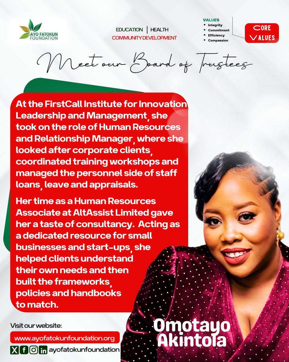 AyoF_Foundation's tweet photo. Meet Ms. Omotayo Akintola , a prestigious member of our Board of Trustees. https://t.co/cQUIqiTOcv