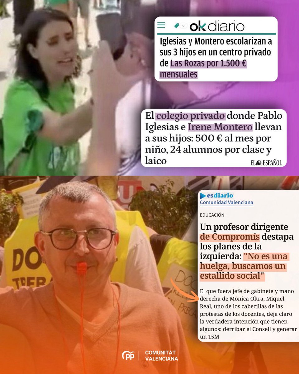ppcv's tweet photo. 🤥 Irene Montero predica escuela pública y paga más de 1.500 euros al mes por la privada para sus hijos.

🟠 Compromís ya ni lo esconde: la mano derecha de Mónica Oltra admite que no busca mejorar la educación, sino provocar un "estallido social". https://t.co/0uAUiTrMGL