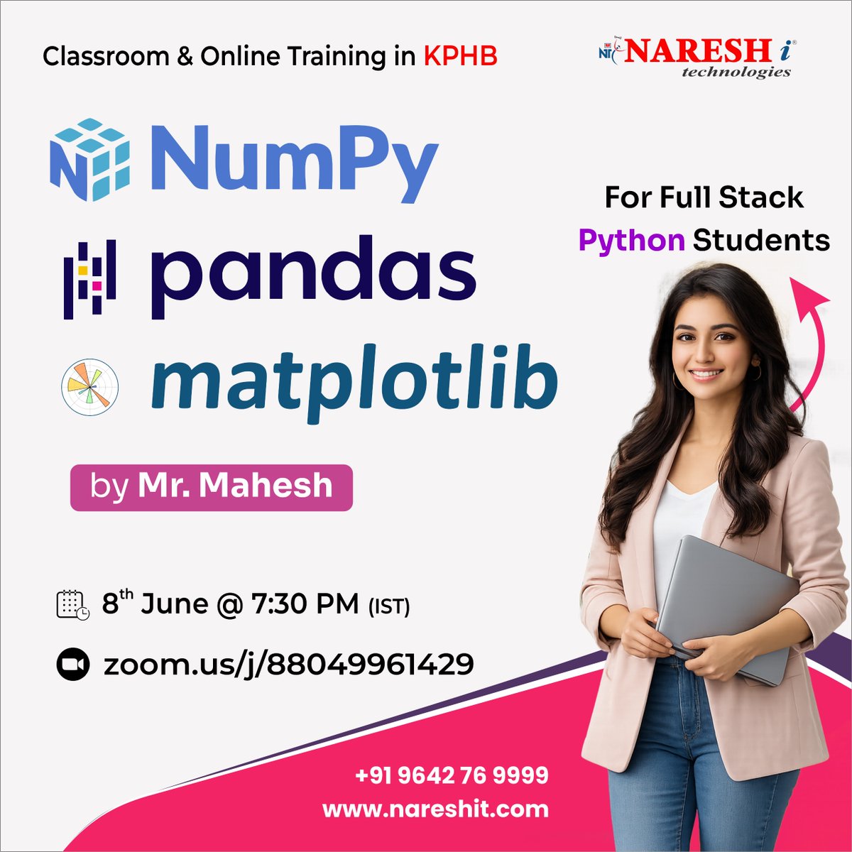 nareshitkphb's tweet photo. 📈 Learn the Python Libraries Every Data Professional Uses! 

🐍Master NumPy, Pandas &amp; Matplotlib with hands-on learning and level up your Python skills. 

🚀📅 8th June | ⏰ 7:30 PM IST
🔗 lINK: https://t.co/oda4Vb1Msd

#PythonProgramming #NumPy #Pandas #DataVisualization https://t.co/LJaZumJAzP
