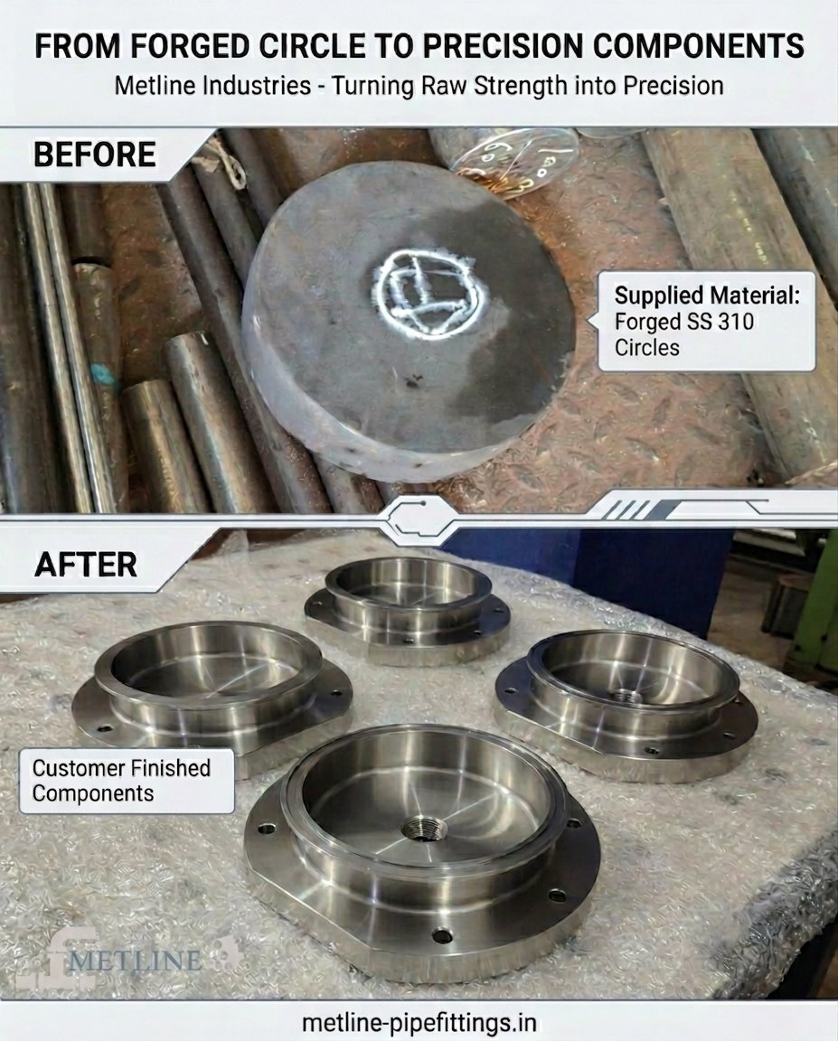 MetlinePipes's tweet photo. From raw forged circle ➡️ precision component. ⚙️🔥
We supplied the top-grade Forged SS 310 Circles. Our customer did the rest, machining them into these immaculate finished components! 

High-integrity raw material from Metline Industries makes precision work look easy.

#B2B https://t.co/HA7gwTFWLt
