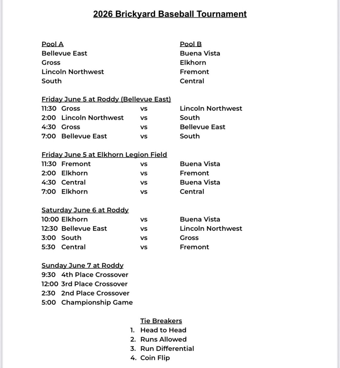 B_EastBaseball's tweet photo. ⚾️⚾️ Brickyard Tournament ⚾️⚾️

Games today at Roddy
11:30 Gross vs Lin NW
2:00 Lin NW vs South
4:30 Gross vs Bell East
7:00 Bell East vs South https://t.co/JjWIffdxkU