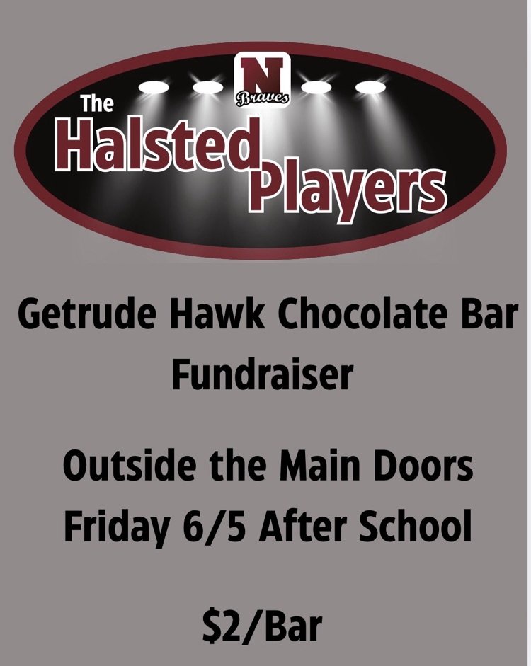 Halsted_NPS's tweet photo. The Halsted Players are hosting a Gertrude Hawk Fundraiser TODAY after school outside the main office! Chocolate is $2 a bar. https://t.co/HR8ffZsk7O