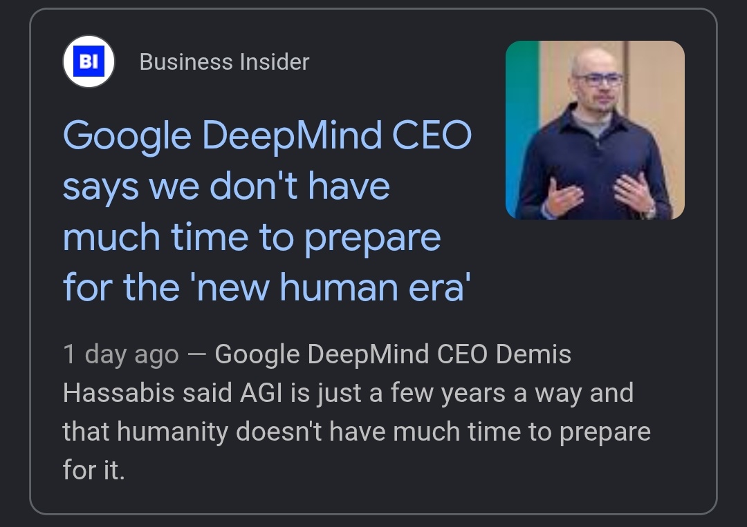 MSiam74's tweet photo. we don't have much time to prepare for the 'NEW HUMAN ERA'

- @demishassabis https://t.co/fUSInSRJLc