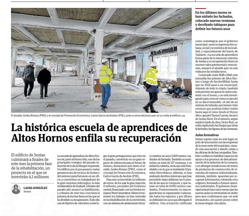 AVPIOP's tweet photo. #SESTAO, CIUDAD DE LA CULTURA INDUSTRIAL

«La histórica escuela de aprendices de Altos Hornos camina en su recuperación.
El edificio de Sestao culminará a finales de este mes la primera fase de rehabilitación, en un proyecto en el que se invertirán 4,1 millones.»
El Correo M I https://t.co/Mbjmo6YOtm