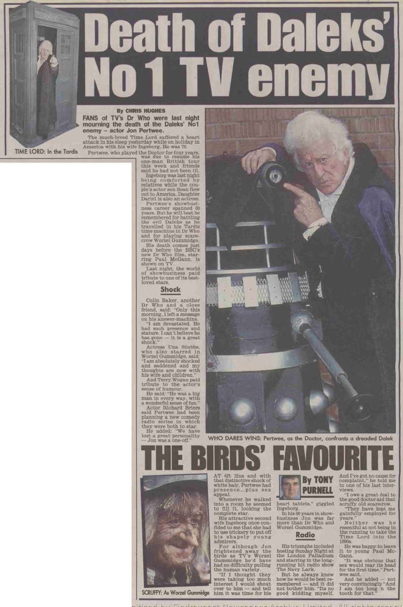 DoctorWhoPix's tweet photo. Death of Daleks' No 1 TV enemy ~ Daily Mirror, 1996

Jon Pertwee obituary

#DoctorWho #DrWho https://t.co/Wzl6vBFBzw
