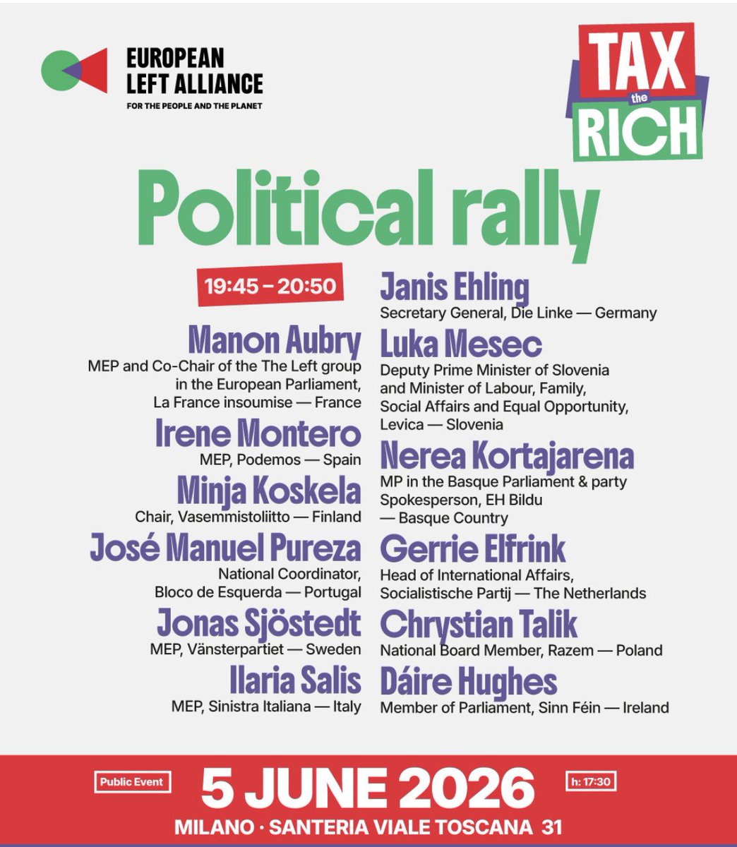 SI_sinistra's tweet photo. Venerdi #5giugno a #Milano #TaxtheRich 

#EuropeanLeftAlliance
#SinistraItaliana #patrimoniale 

2/2 https://t.co/0tg5nFF3gM
