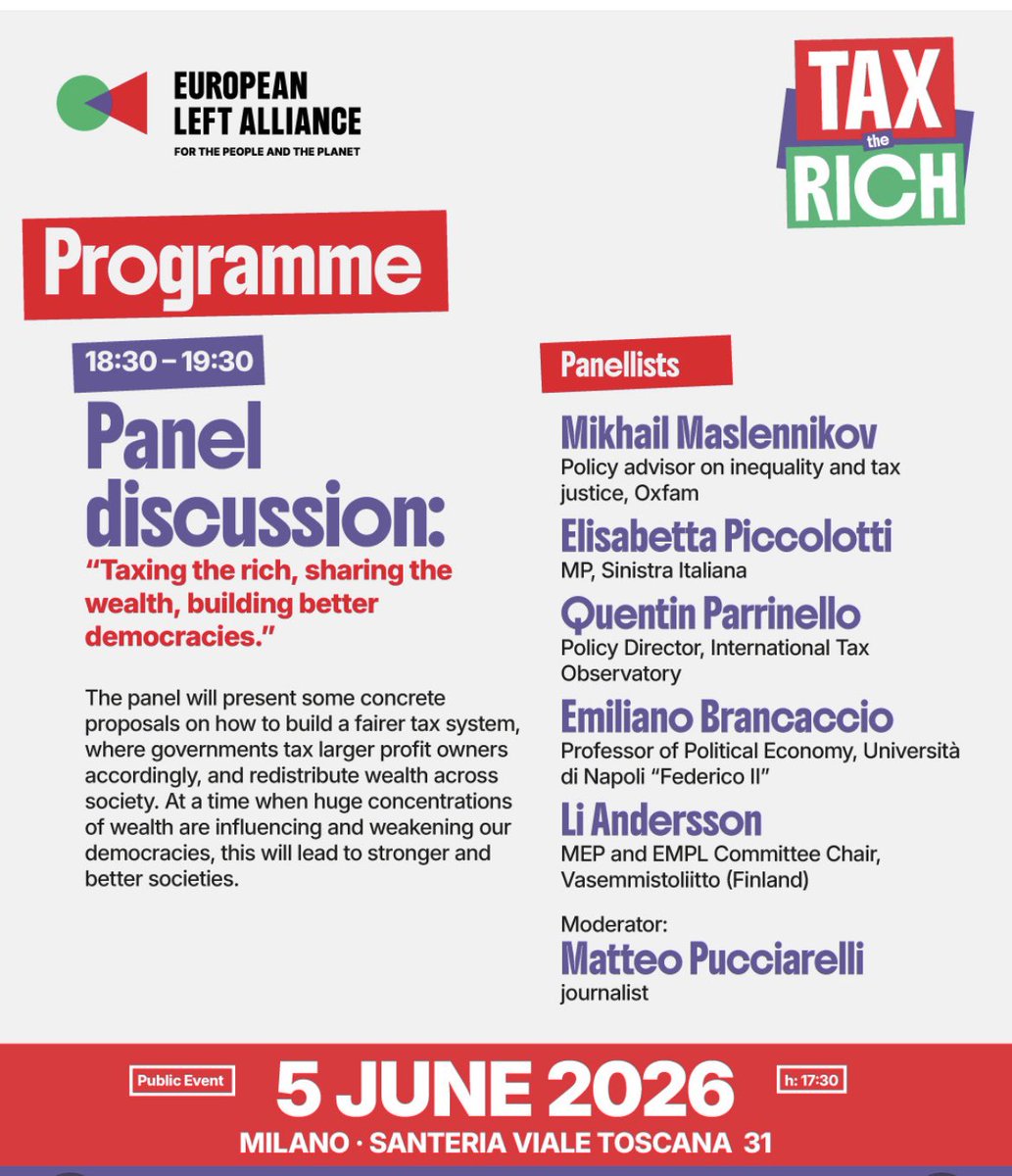 SI_sinistra's tweet photo. Venerdi #5giugno a #Milano #TaxtheRich 

#EuropeanLeftAlliance
#SinistraItaliana #patrimoniale 

2/2 https://t.co/0tg5nFF3gM