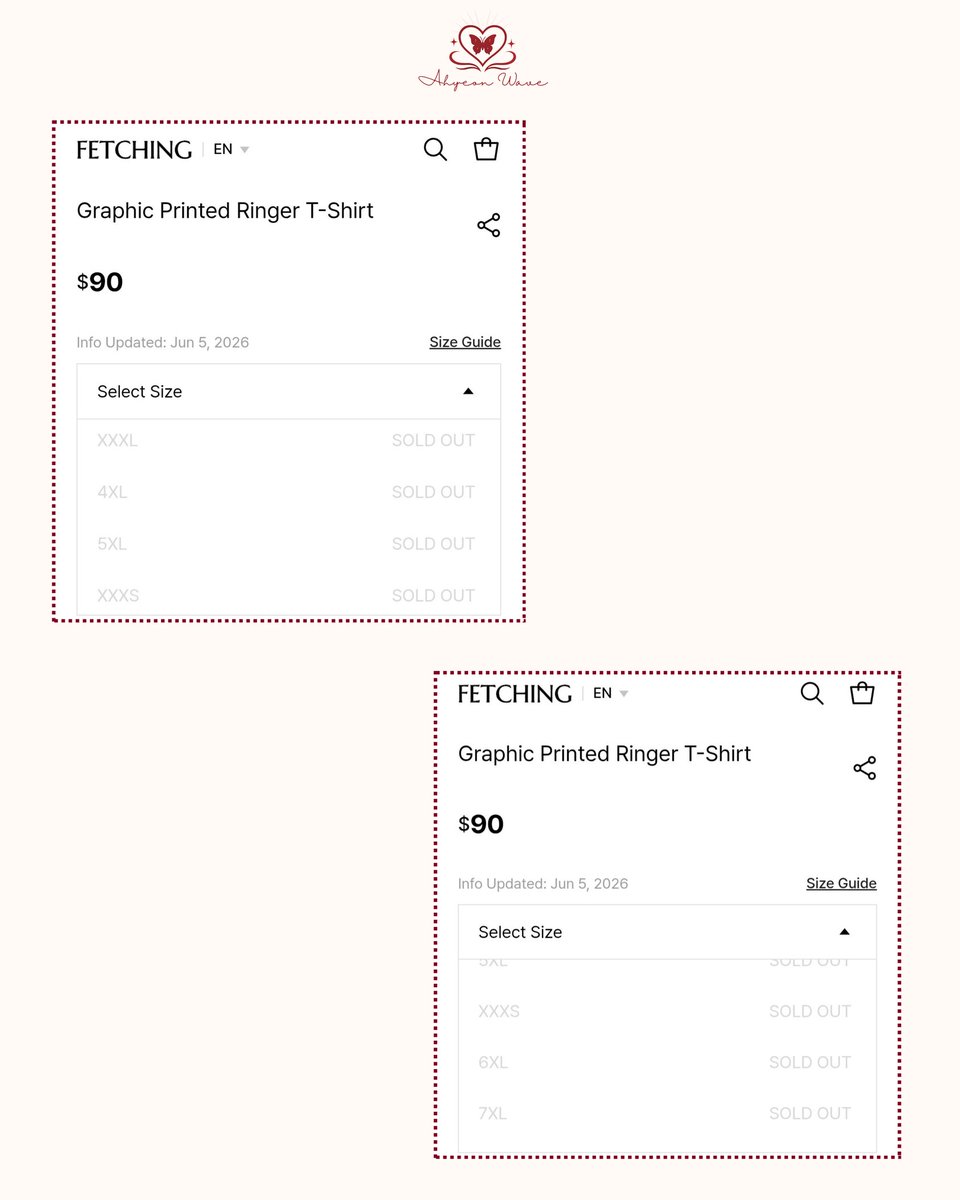 ahyeonwave's tweet photo. Just around 6 hours after BABYMONSTER was announced as APEE's new brand ambassador, the Summer 2026 Print Crop Ringer Tee worn by AHYEON sold out in 11 sizes on Fetching's official website, highlighting the strong demand for the item among fans.

#AHYEON #BABYMONSTER 

By 🍑 https://t.co/zAjTJ0yc0t