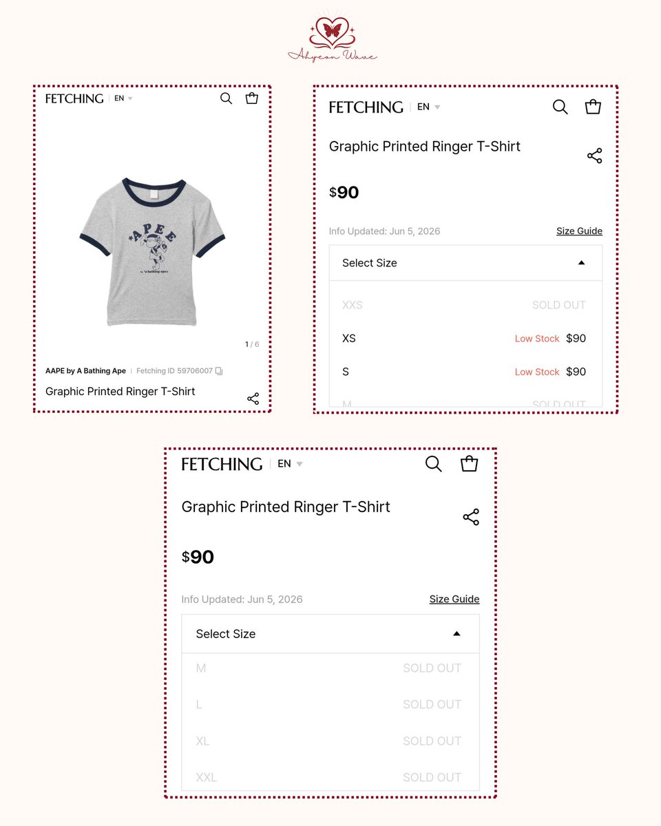 ahyeonwave's tweet photo. Just around 6 hours after BABYMONSTER was announced as APEE's new brand ambassador, the Summer 2026 Print Crop Ringer Tee worn by AHYEON sold out in 11 sizes on Fetching's official website, highlighting the strong demand for the item among fans.

#AHYEON #BABYMONSTER 

By 🍑 https://t.co/zAjTJ0yc0t