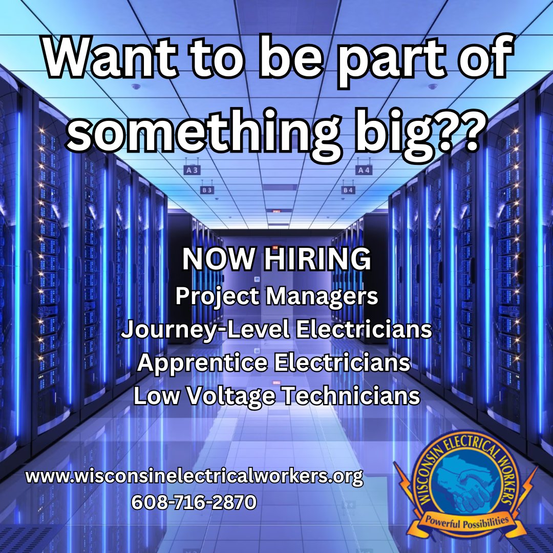 WiElectWorkers's tweet photo. Now hiring: Project Managers, Journey-Level Electricians, Apprentice Electricians and Low Voltage Technicians.  Contact us today! 

Better Pay. Better Benefits. Better Jobs.

https://t.co/0El37GTqvu 
608-716-2870
 #ibew #NowHiring #JoinOurTeam #BetterPayBetterJobs https://t.co/A2wQF5J2nG