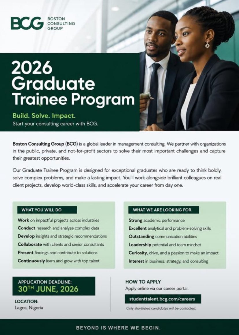 iamkadirii's tweet photo. BOSTON CONSULTING GROUP is recruiting for Graduate Trainee role

Apply 👇

https://t.co/G9ElDydrNJ https://t.co/AT474wKHwn