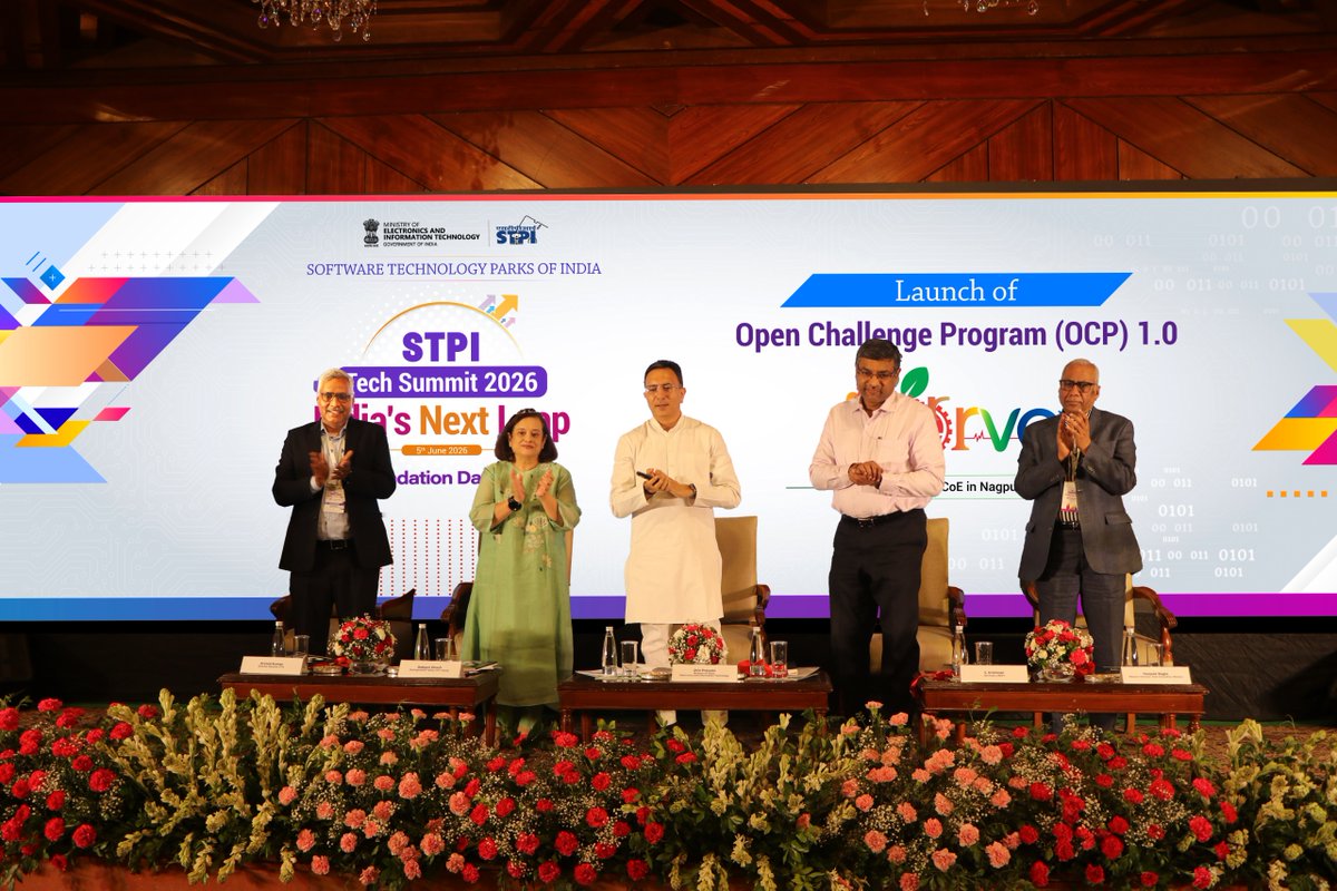 stpiindia's tweet photo. 📸 Glimpses from the Curtain Raiser of STPI  CoE's OCP Launch

Marking a significant step towards accelerating innovation, STPI unveiled the Open Challenge Program (OCP) 1.0 under its upcoming NERVE Centre of Entrepreneurship (CoE), Nagpur, at STPI Tech Summit 2026 – India’s Next Leap. ⚙️

The initiative aims to foster cutting-edge solutions across agriculture, healthcare, forestry and environment, mining and other industries in Nagpur, enabling inclusion and empowering startups to drive technology-led transformation and create lasting impact.

📅 5th June, 2026
📍STPI Tech Summit 2026 | 35th Foundation Day

#STPITechSummit2026 #IndiasNextLeap #STPI #35YearsOfSTPI #Innovation #Startups #AgriTech #Nagpur #Technology #DigitalIndia #IndiaTech #TechLeadership #OCP #Launch

@GoI_MeitY @AshwiniVaishnaw @JitinPrasada @SecretaryMEITY @arvindtw @_DigitalIndia @NeGD_GoI @startupindia @NICMeity @investindia @NITIAayog  @rnivruti @debjani_ghosh_ @inregistry @NIELITIndia @cdacindia @_BHASHINI @DPIITGoI @intel @escnewdelhi @guptaa_sanjay @TiEDelhi @OfficialINDIAai @DeepakBagla_ @guptaa_sanjay