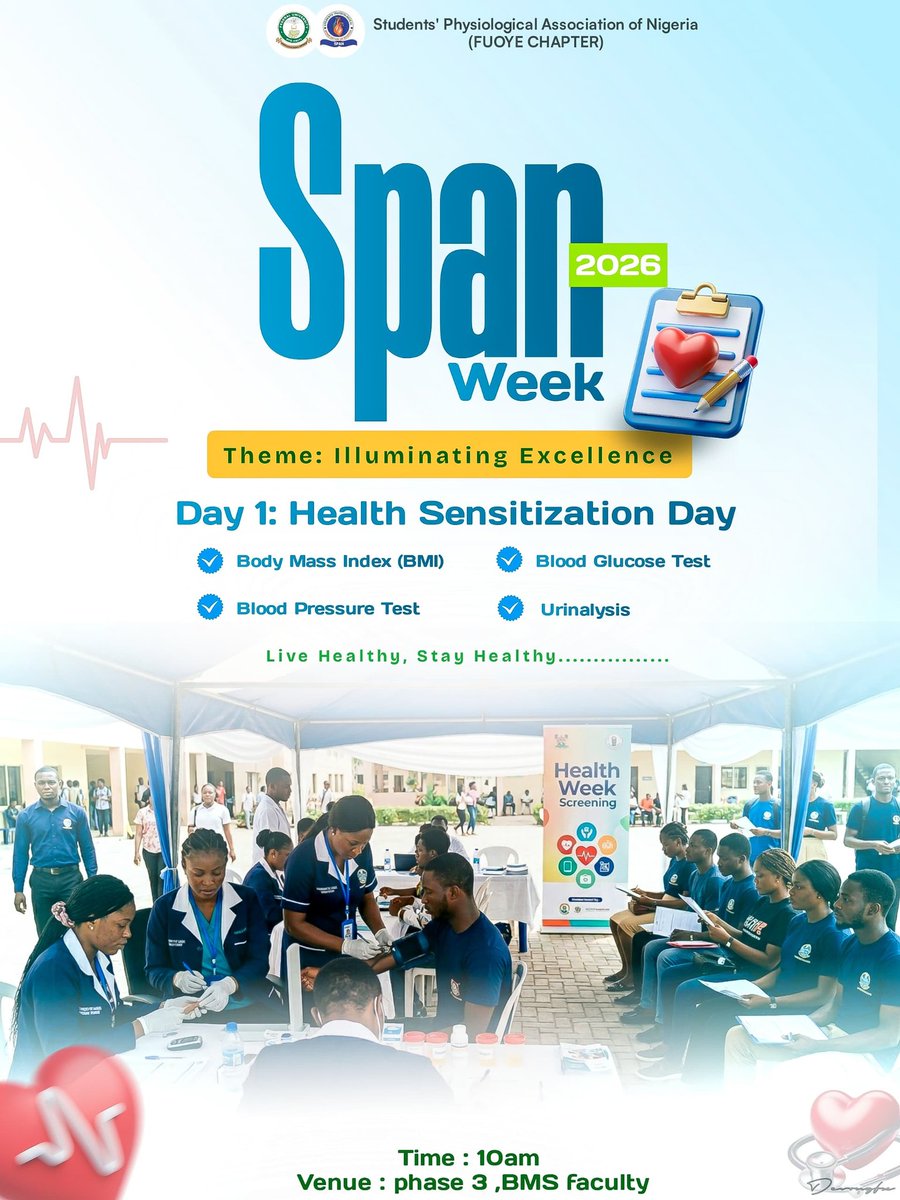 SpanFuoye's tweet photo. Good health is one of life's greatest assets, and awareness is the first step toward wellness.

Join us as we kick off SPAN Week 2026 with a day dedicated to promoting healthy living through essential health screenings, including BMI, Blood Pressure, Blood Glucose,etc https://t.co/IrmxMWkant