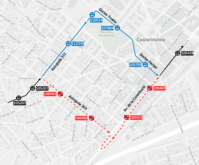 Inciden_Mob_AMB's tweet photo. 08/06 - Castelldefels: CF1 - CF2 Desviament provisional a l'avinguda 303 afectant parades a causa d'obres @avanzaenBCN @AjCastelldefels https://t.co/LWy9nGFlnb https://t.co/4kaMFhnTC2