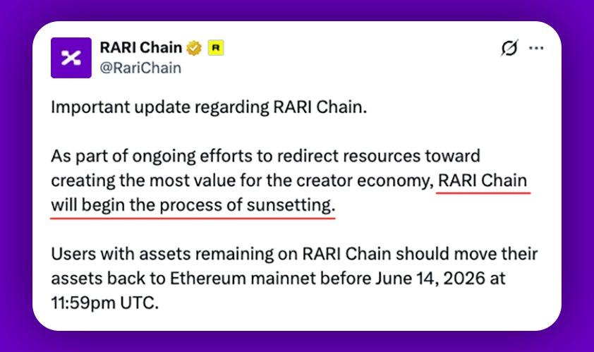 Crypto_Pranjal's tweet photo. Rari Chain is Sunsetting: Withdraw Your Funds

@RariChain is shutting down soon. If you still have assets on RARI Chain, make sure to move them to another chain before June 14, 2026.

✅ Withdraw here: https://t.co/wsR5pcnfr0

If you have staked RARI, you'll need to unstake it first before bridging. Once unstaked, you can use Relay to bridge your assets back to Ethereum Mainnet.

Unstake here: https://t.co/OFhcK13xyY