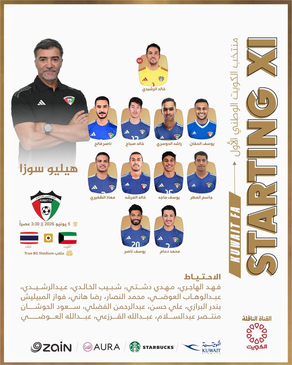 KuwaitFA's tweet photo. تشكيلة منتخب الكويت الوطني 🇰🇼 لمواجهة منتخب تايلاند 🇹🇭 في المباراة الدولية الودية التي تقام اليوم في بانكوك.

#منتخب_الكويت 
#الأزرق
 #KuwaitFA https://t.co/Z5Uzpe6zNr