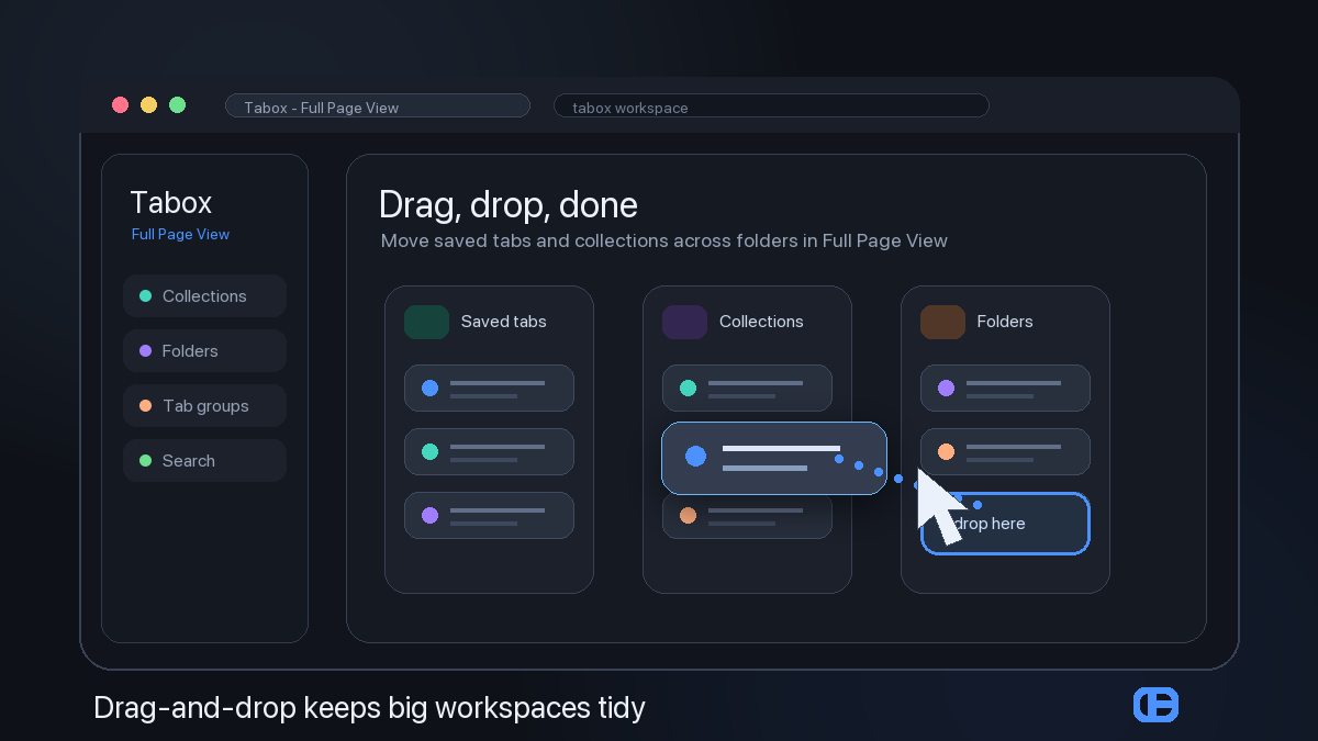 Taboxapp's tweet photo. big tab collections are easier to tidy when you can move things visually.

In Tabox v4.1 Full Page View, drag and drop tabs, collections, and folders into place without fighting the popup.

what would you reorganize first?
#tabs #productivity https://t.co/3yOdqW9ZHd
