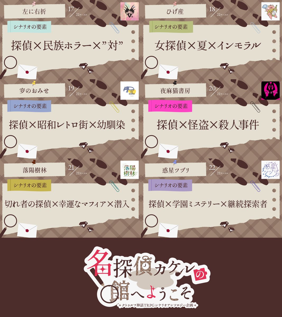 amaichi_cff's tweet photo. 🔎━━━━━━━━━━━
クトゥルフ神話TRPGシナリオアンソロジー企画 
 『 #名探偵カケルの館へようこそ 』

参加シナリオの要素一覧
━━━━━━━━━━🎩

🗓 シナリオの頒布・公開
6月26日（金）20時

気になった要素を見つけたら、ライター様のショップをフォローしてお待ちくださいませ✨️ https://t.co/DHQkHIStj3