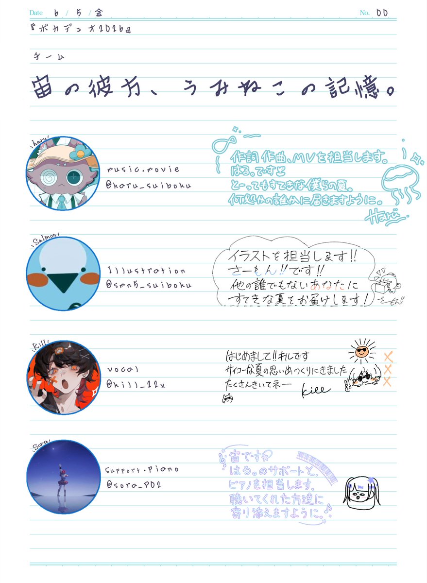 haru_suiboku's tweet photo. 🌻#VocaDuo2026チーム🌻

チーム
『宙の彼方、うみねこの記憶。』

🎧Music,Movie:はる。
🎨Illustration:さーもん‼️
🎤Vocal:キル
🎹Piano,Support:宙

素敵なメンバーと一緒に最高の夏をお届けします🍉
#VocaDuo2026参加 https://t.co/m2zebPVzsC