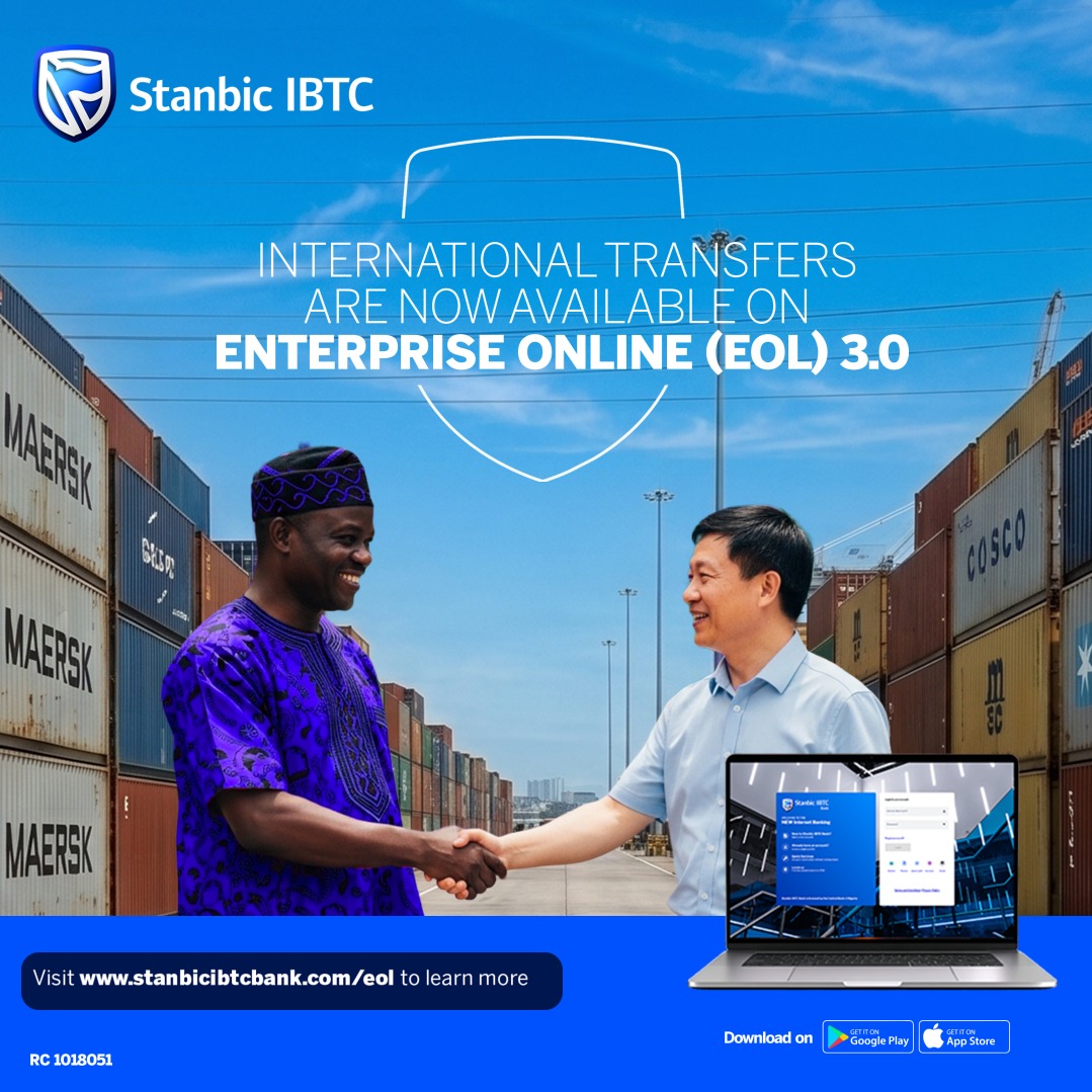 StanbicIBTC's tweet photo. Business today goes beyond borders, and your banking should too. 

With Stanbic IBTC Enterprise Online (EOL) 3.0, international transfers are now available to help businesses make seamless cross-border payments.