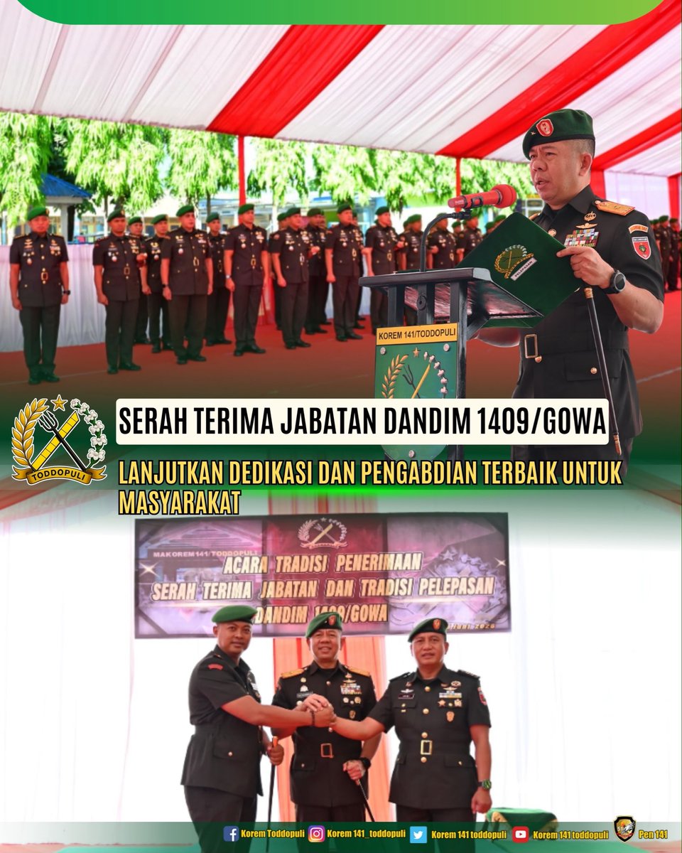 Penrem141's tweet photo. Danrem 141/Tp Brigjen TNI Andre Clift Rumbayan, S.Sos., M.M., memimpin langsung acara serah terima jabatan Dandim 1409/Gowa dari Letkol Inf Heri Kuswanto, S.I.P., kepada Letkol Inf Gilang Nugraha Kresnadi, yang dilaksanakan di Makodim 1409/Gowa https://t.co/NC7yQCzEgF