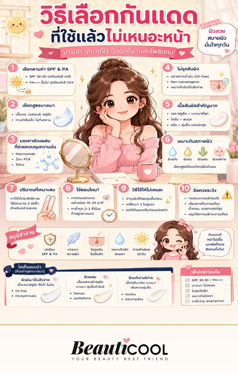 Beauticoolcom's tweet photo. วิธีเลือกกันแดดที่ใช้แล้วไม่เหนอะหน้า เป็นเรื่องที่ช่วยให้ดูแลตัวเองแบบมีสติขึ้นค่ะ เลือกสิ่งที่เหมาะกับผิว งบ และชีวิตจริง สำคัญกว่าตามกระแสทุกอย่าง เซฟไว้เช็กก่อนซื้อครั้งหน้านะคะ #Beauticool https://t.co/IDcwsAMXAC